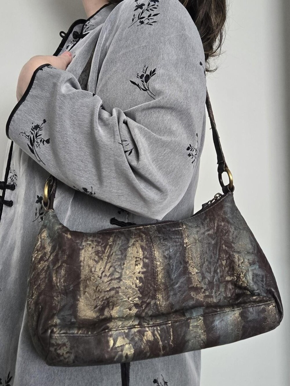 Genuine Leather Brown Metalllic Leather Shoulder Bag Purse